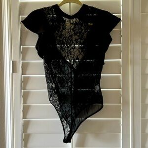 Windsor Black Lace & Sequins Ruffle Sleeve Bodysuit